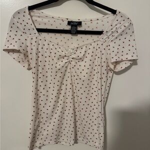 White Ribbed Short-Sleeve Top with Red cherry Print